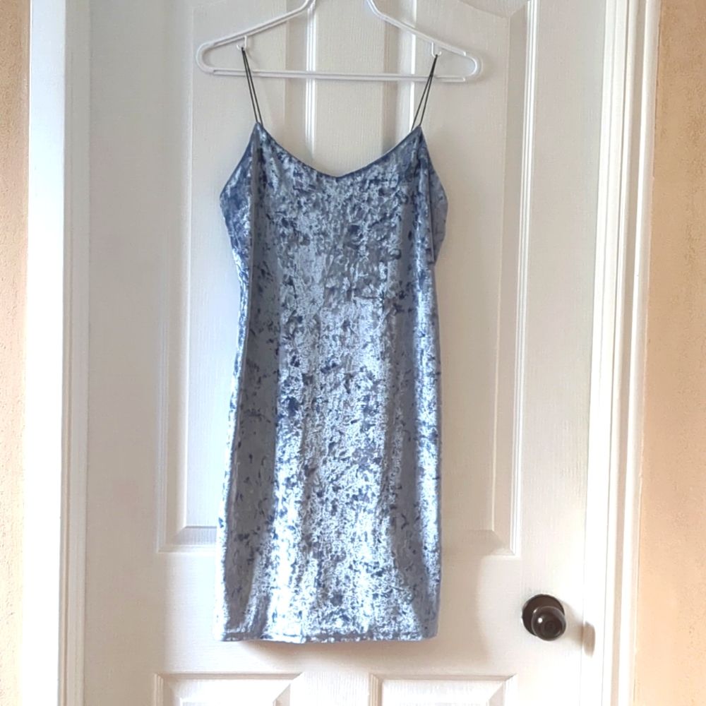 Silvery blue crushed velvet mini-dress